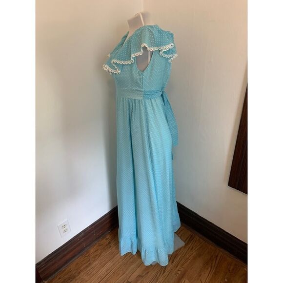 VTG 70s Boho Maxi Dress Blue Polka Dot Prairie Country Ruffle Gunne Handmade - Picture 10 of 16